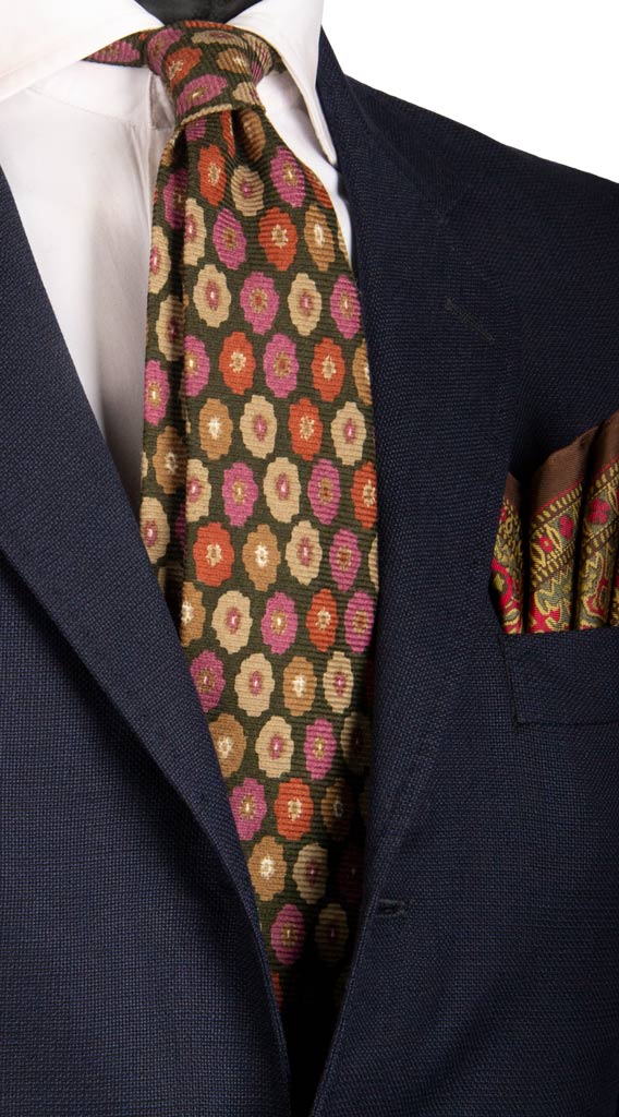 Cravatta in Lana Seta Verde Oliva a Fiori Viola Tortora Marrone Made in Italy Graffeo Cravatte