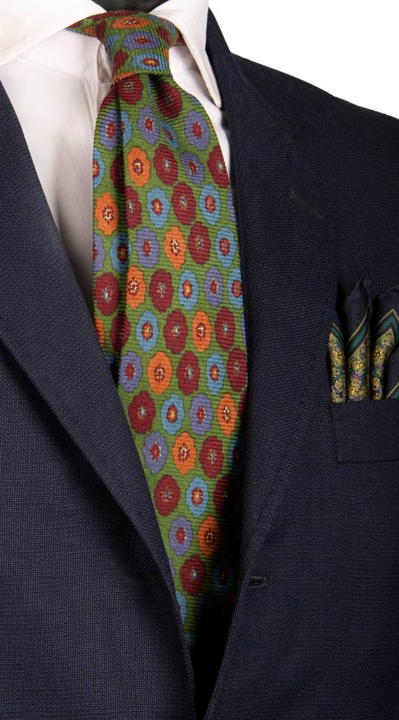 Cravatta in Lana Seta Verde a Fiori Bordeaux Celesti Kaki Made in Italy Graffeo Cravatte