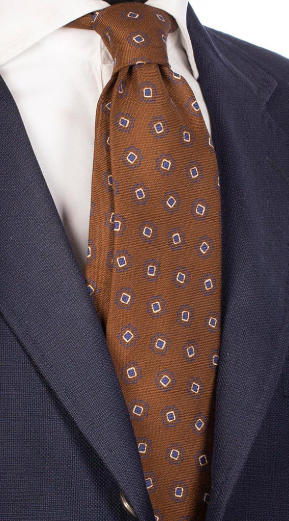 Cravatta in Seta Cotone Color Tabacco Fantasia Bluette Bianca Made in italy Graffeo Cravatte