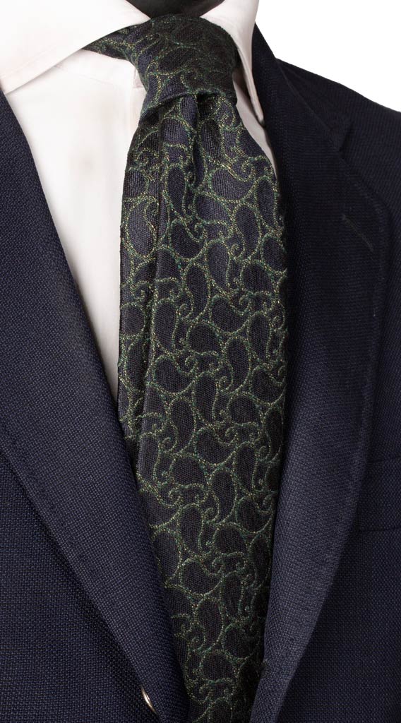 Cravatta in Seta Lino Blu Paisley Verde Made in Italy Graffeo Cravatte