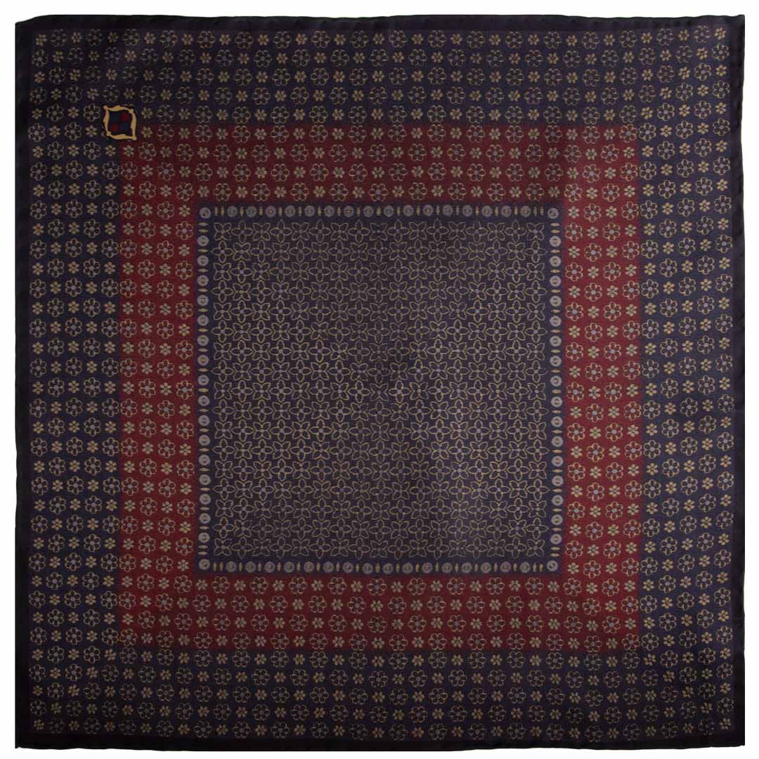Fazzoletto da Taschino Vintage di Seta Blu Bordeaux Fantasia Gialla Grigia Made in Italy Graffeo Cravatte