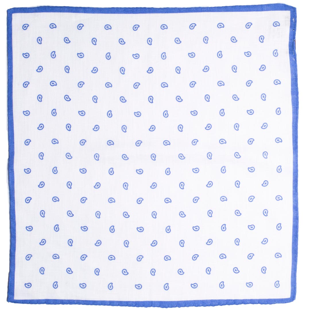 Fazzoletto da Taschino di Lino Bianco Paisley Bluette Made in Italy graffeo Cravatte