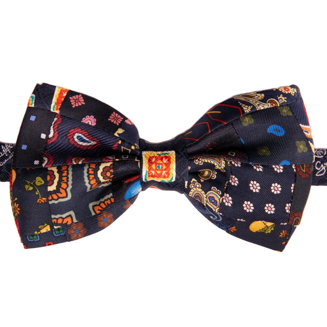 Papillon Uomo Patchwork Stampa di Seta Blu Fantasia Multicolor Made in Italy Graffeo Cravatte