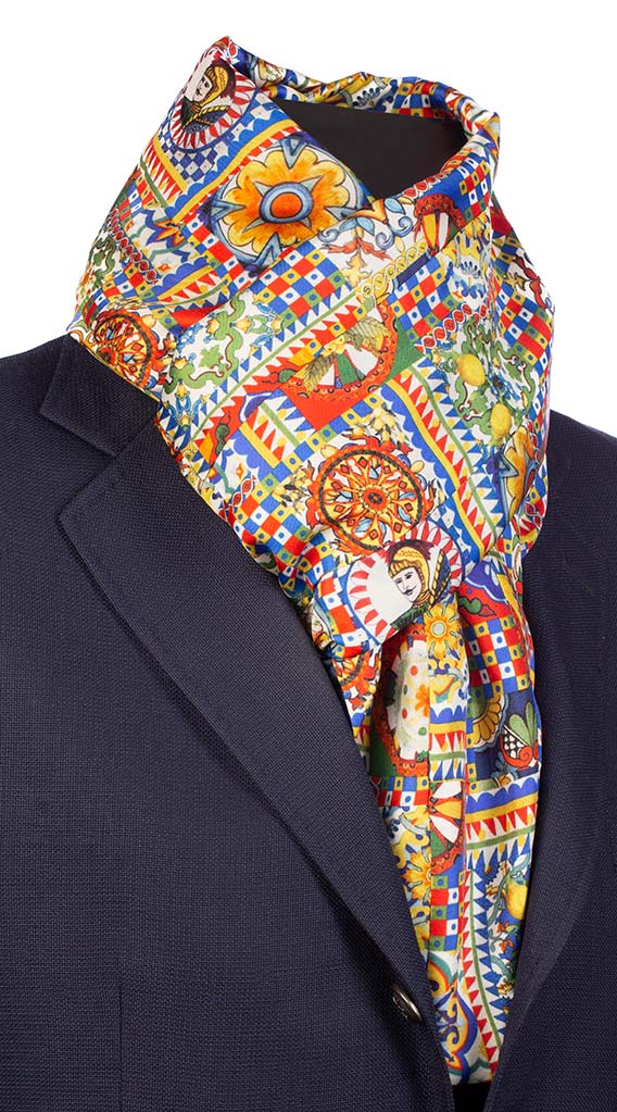 Sciarpa Siciliana Vintage Patchwork Stampa in Twill di Seta con Maioliche Multicolor S475 Made in Italy Graffeo Cravatte