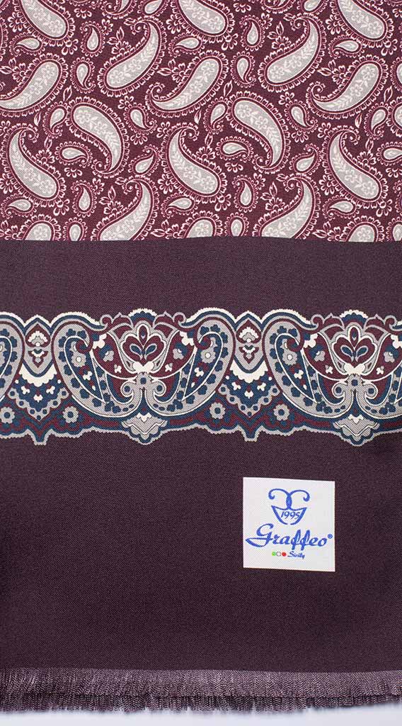 Sciarpa ad una Foglia in Seta Bordeaux Paisley Tono su Tono Grigio Blu Made in Italy Graffeo Cravatte Pala