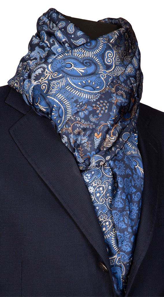 Sciarpa di Seta Blu Patchwork Paisley Celeste Marrone Made in Italy Graffeo Cravatte