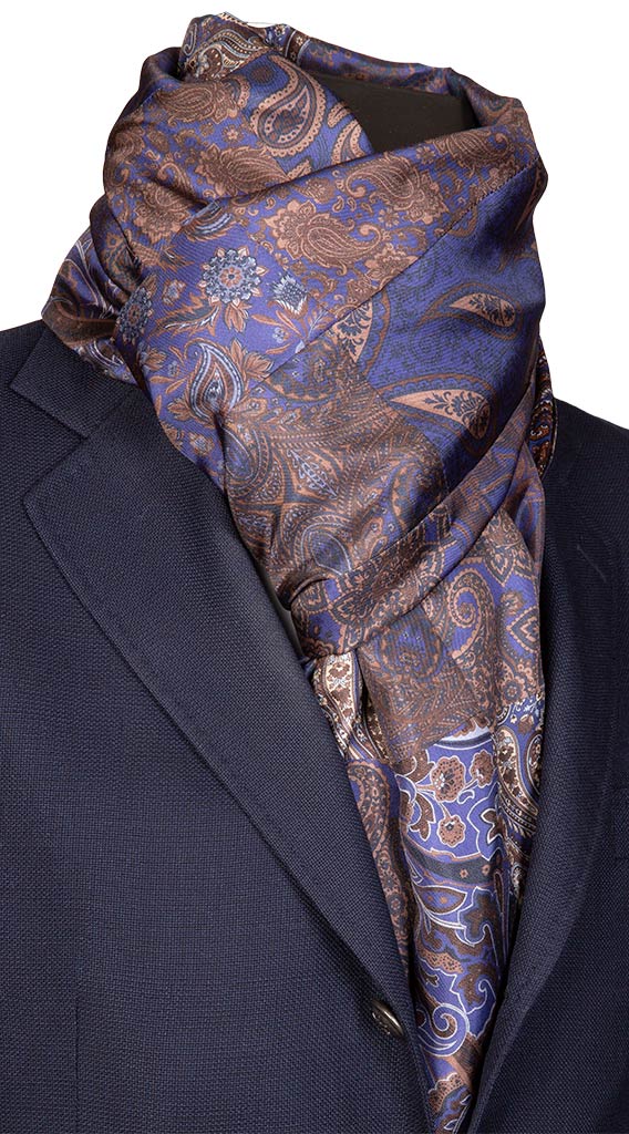Sciarpa di Seta Bluette Patchwork Paisley Marrone Celeste Made in Italy Graffeo Cravatte