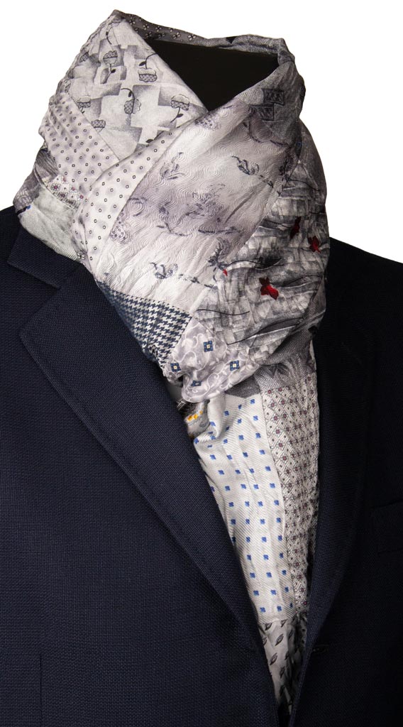 Sciarpa di Seta Grigia Argento Patchwork Fantasia Multicolor Made in italy Graffeo Cravatte