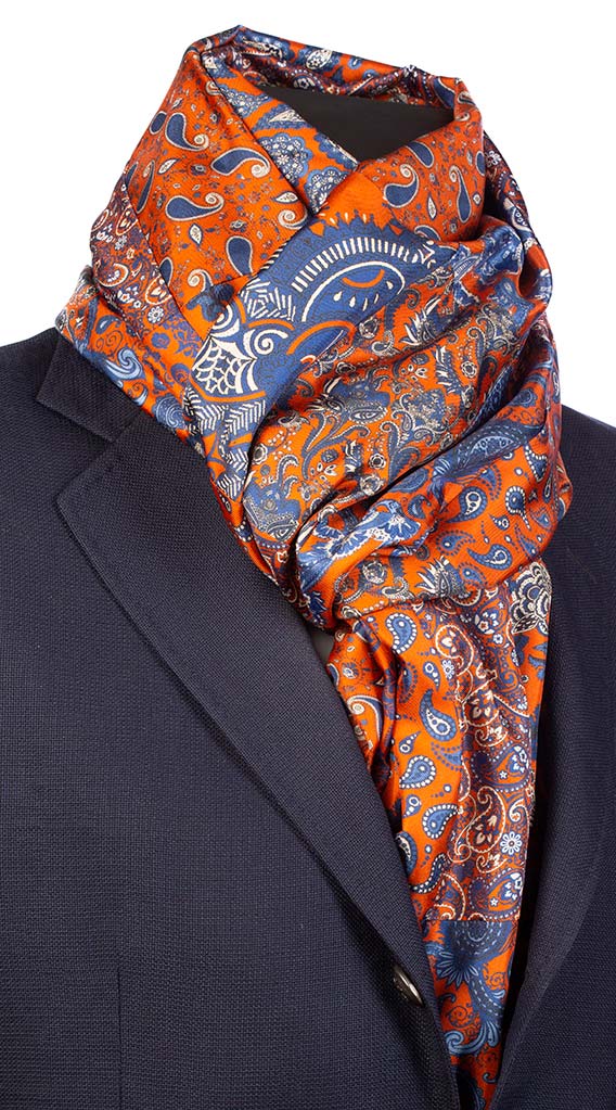 Sciarpa di Seta Patchwork Arancione Paisley Bluette Bianco Made in Italy Graffeo Cravatte