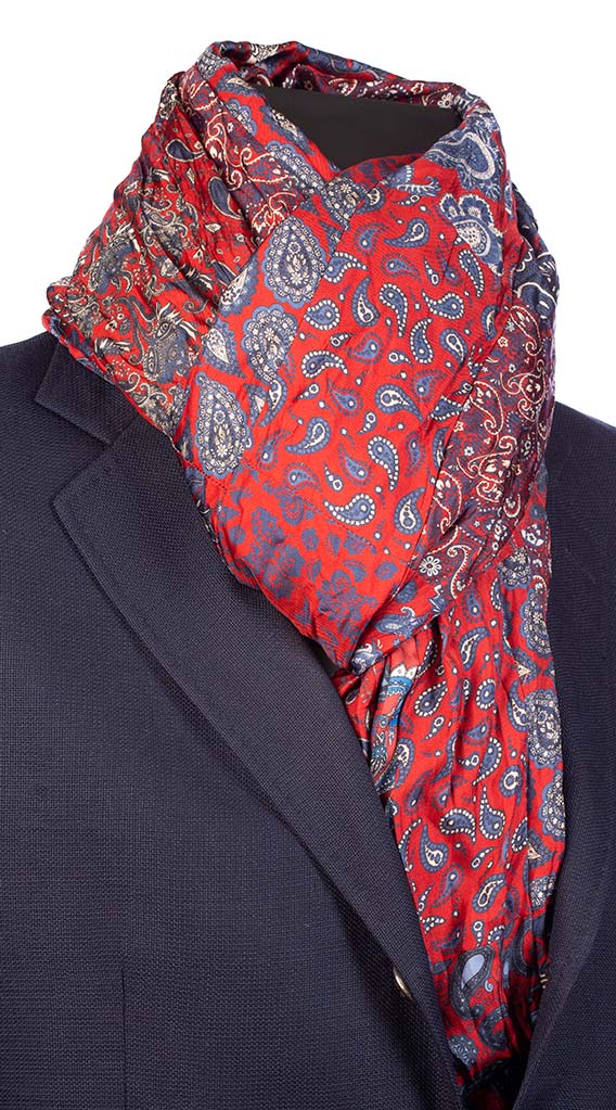 Sciarpa di Seta Rossa Patchwork Paisley Bluette Bianco Made in Italy Graffeo Cravatte