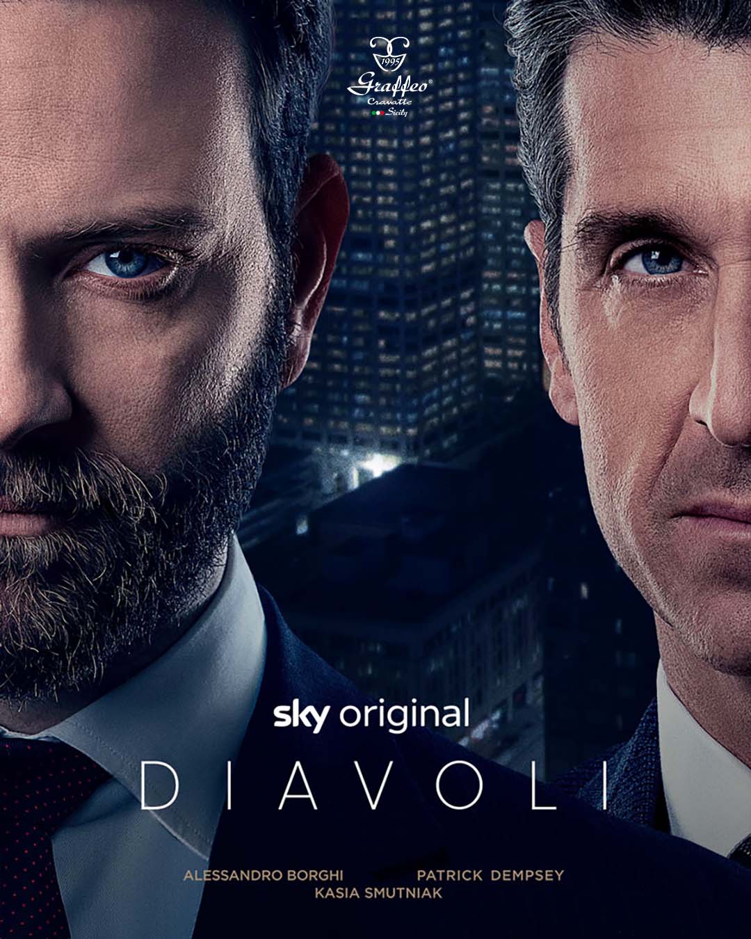 Cravatte indossate da Partick Dempsey e Alessandro Borghi nella Serie TV Sky "Diavoli"
