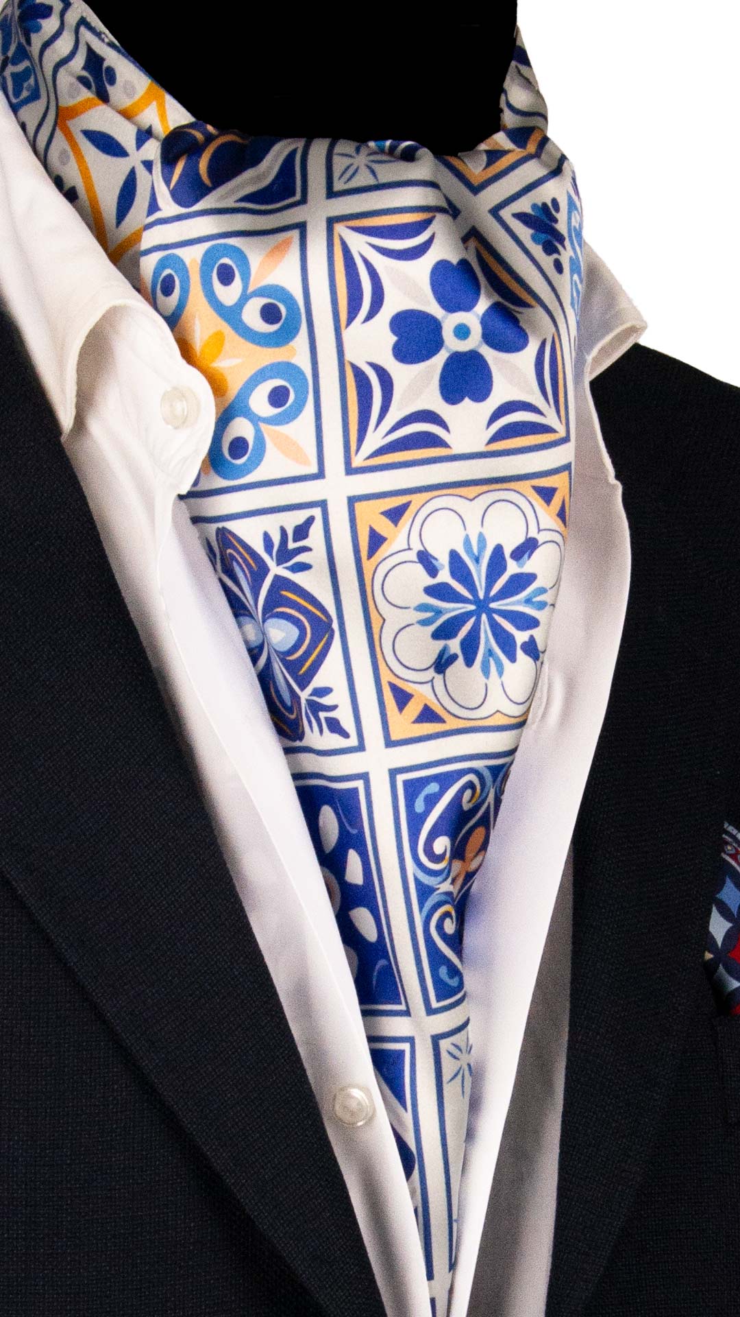 Ascot Siciliano Stampa di Raso Bianca con Maioliche Giallo Ocra Blu AS247 Made in Italy Graffeo Cravatte