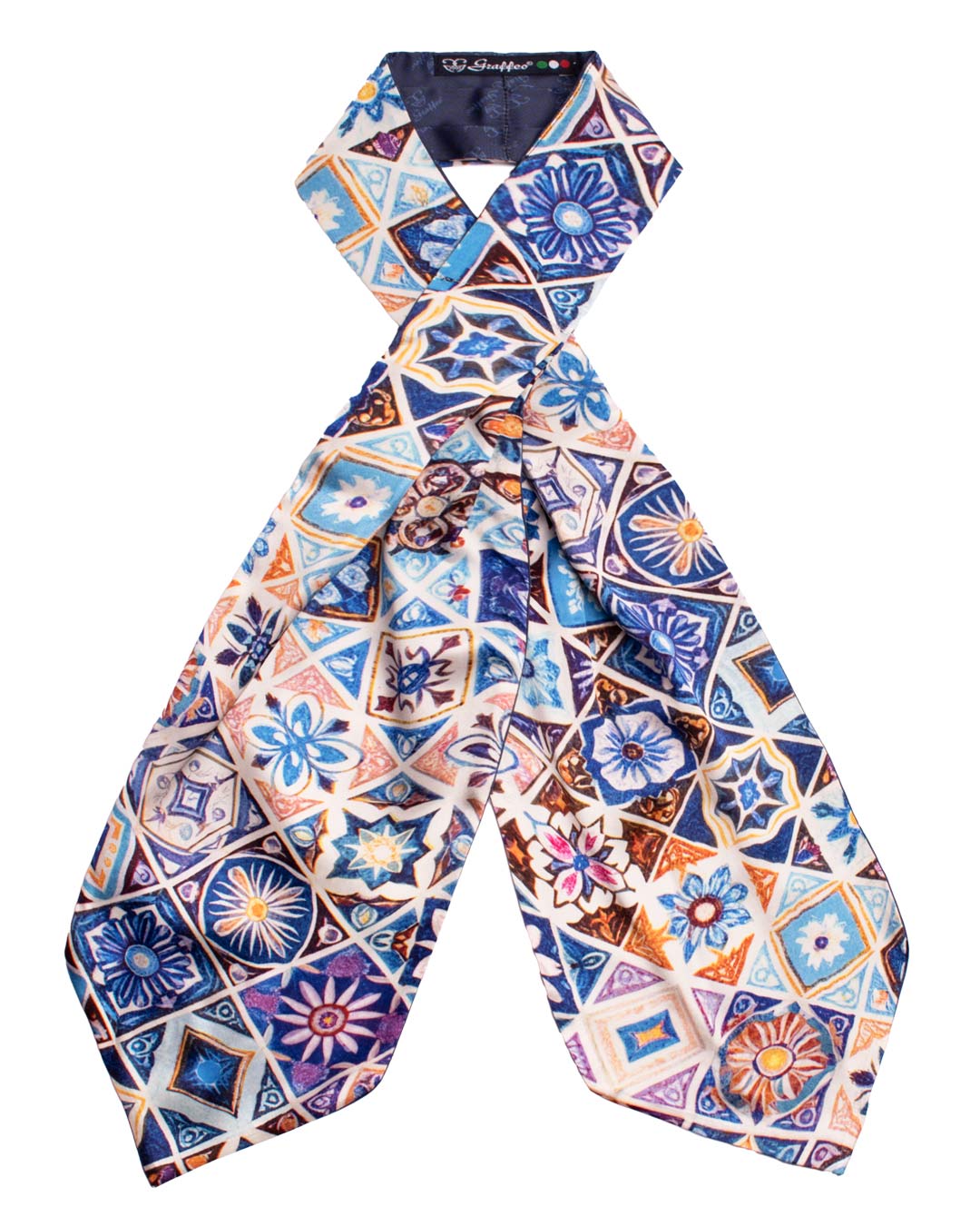 Ascot Siciliano Stampa di Raso Délavé con Maioliche Multicolor AS249 Made in Italy Graffeo Cravatte Intera