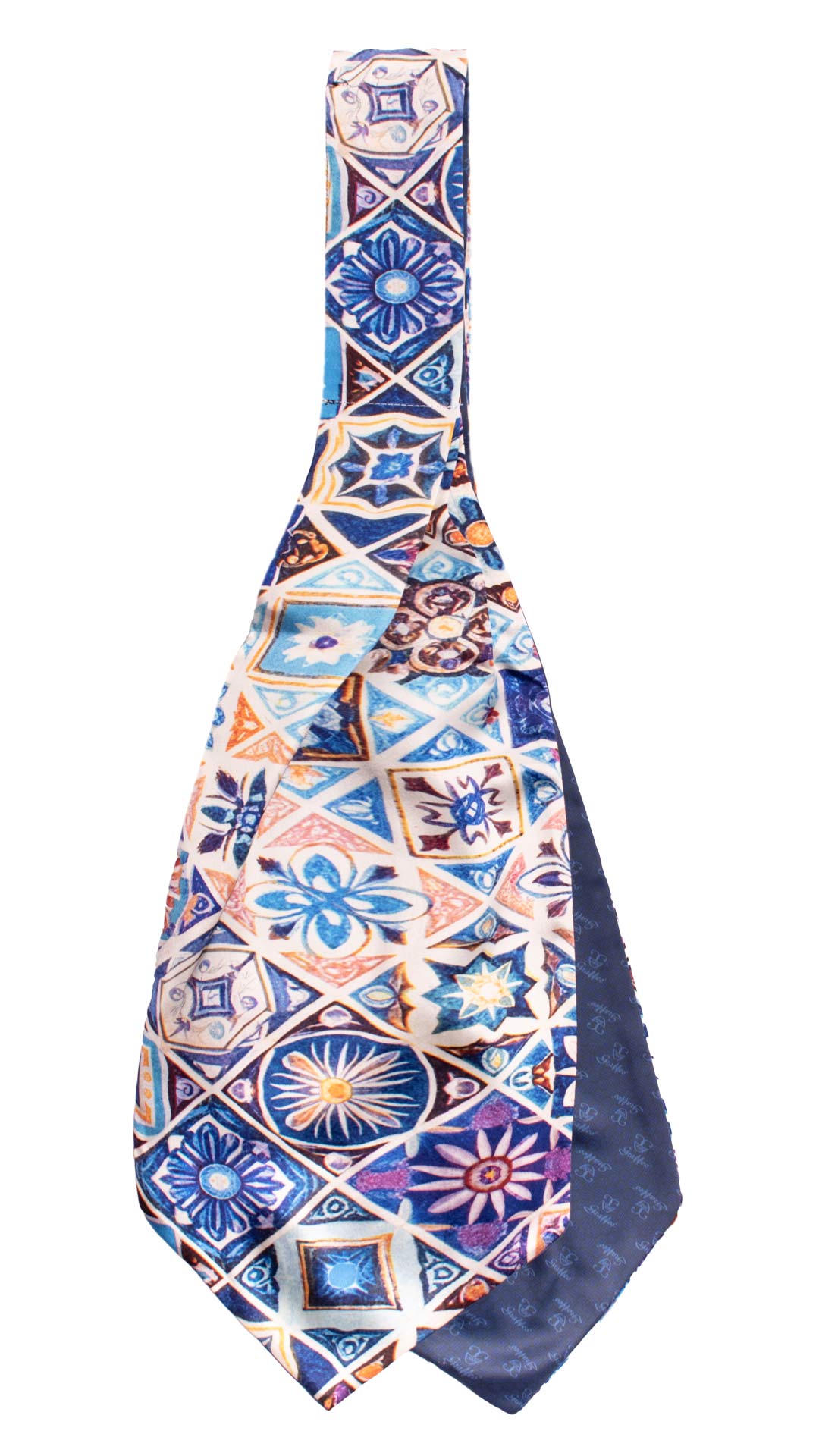 Ascot Siciliano Stampa di Raso Delave con Maioliche Multicolor AS249 Made in Italy Graffeo Cravatte Retro
