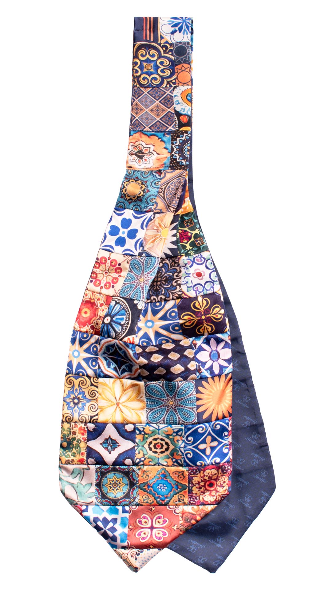 Ascot Siciliano Stampa di Raso Vintage Patchwork con Maioliche Multicolor AP121 Made in Italy Graffeo Cravatte Retro