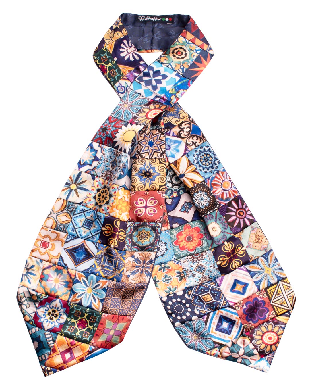 Ascot Siciliano Stampa di Raso Vintage Patchwork con Maioliche Multicolor AP121 Made in Italy Graffeo Cravatte Intera