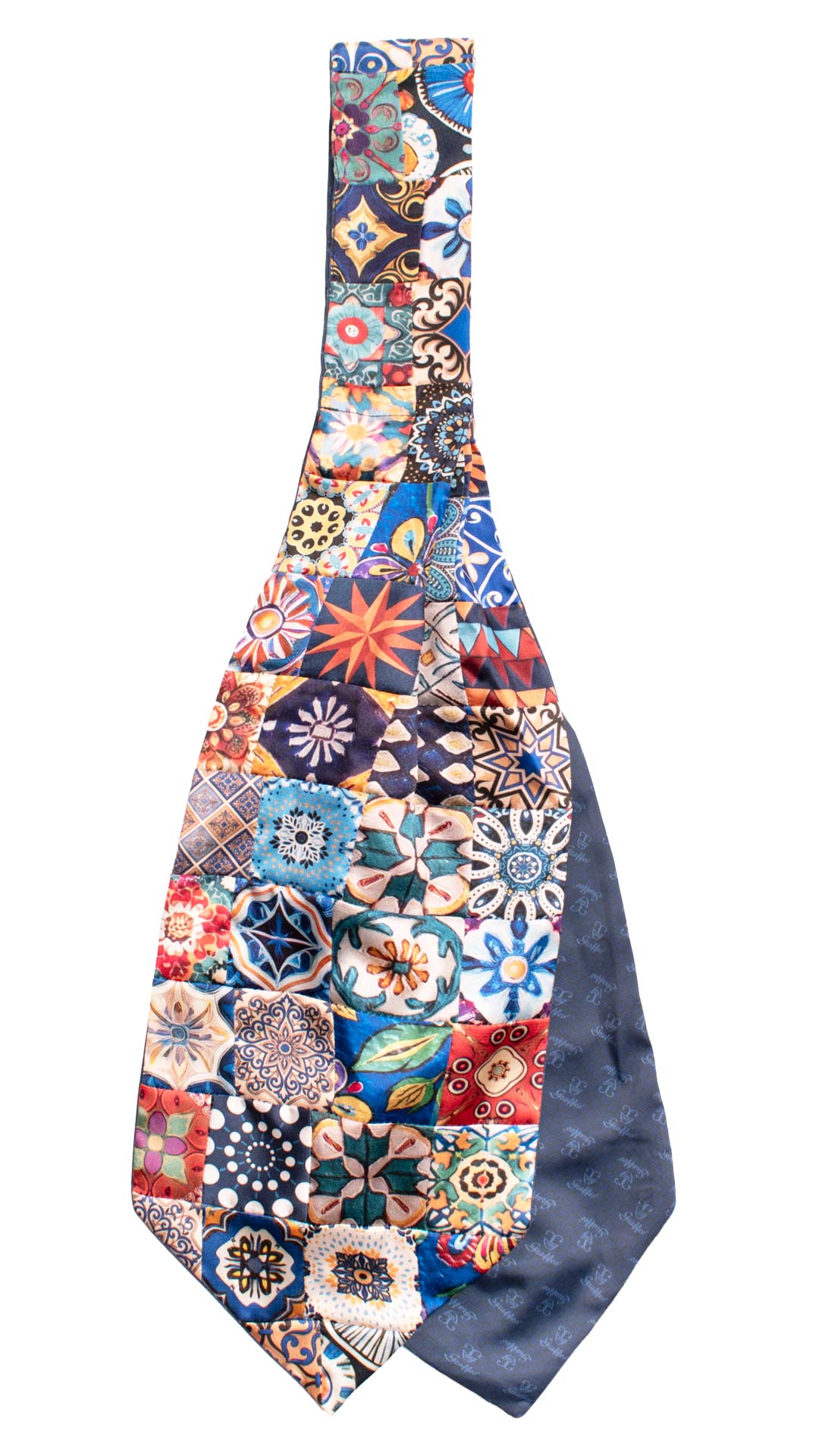 Ascot Siciliano Stampa di Raso Vintage Patchwork con Maioliche Multicolor AP123 Made in Italy Graffeo Cravatte Retro