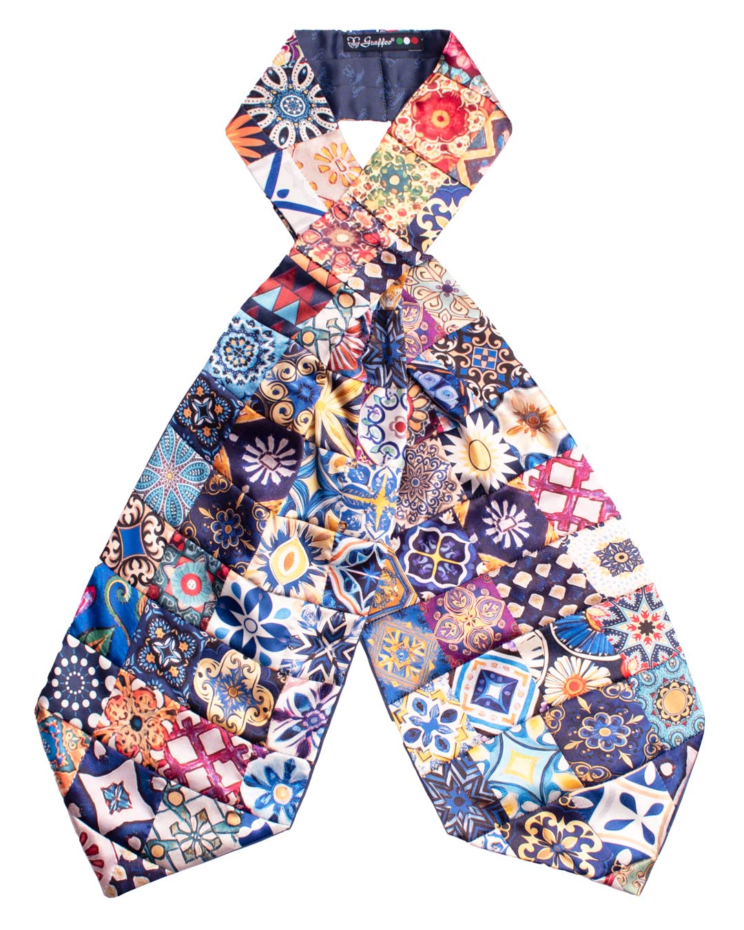 Man Sicilian Vintage Patchwork Printed Satin Ascot Multicolor Majolica Pattern AP124 Intera