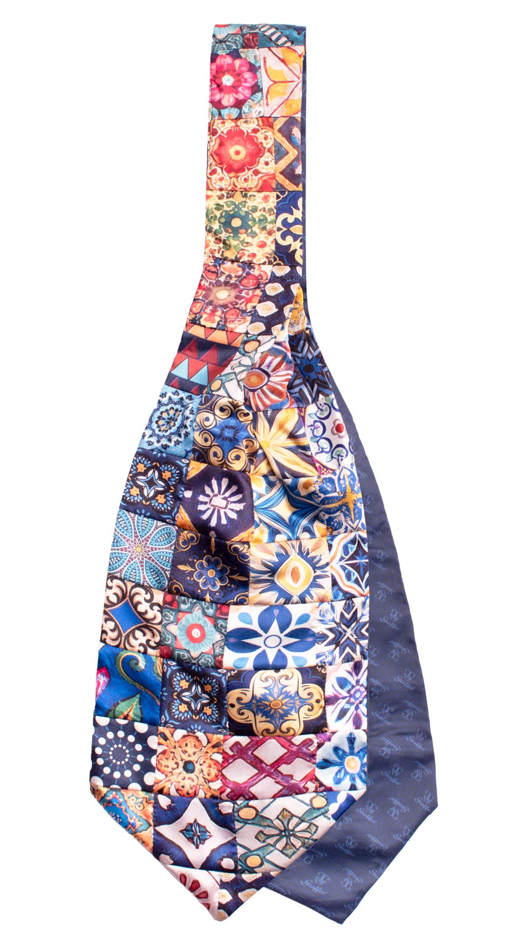 Man Sicilian Vintage Patchwork Printed Satin Ascot Multicolor Majolica Pattern AP124 Retro