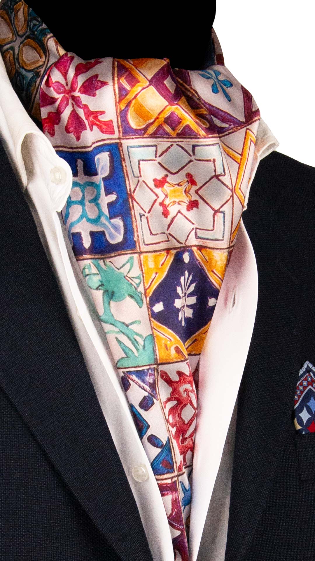 Ascot Siciliano Stampa di Raso con Maioliche Multicolor AS242 Made in Italy Graffeo Cravatte