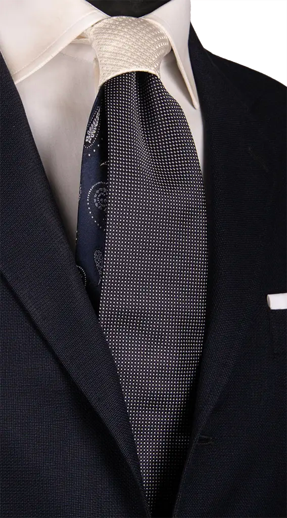 Cravatta Cerimonia Blu Punto a Spillo Bianco Nodo in Contrasto Bianco Perla Made in Italy Graffeo Cravatte