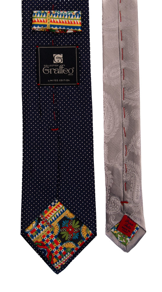 Cravatta Cerimonia Blu Pois Grigio Argento Nodo in Contrasto Grigio Argento Made in Italy Graffeo Cravatte Pala