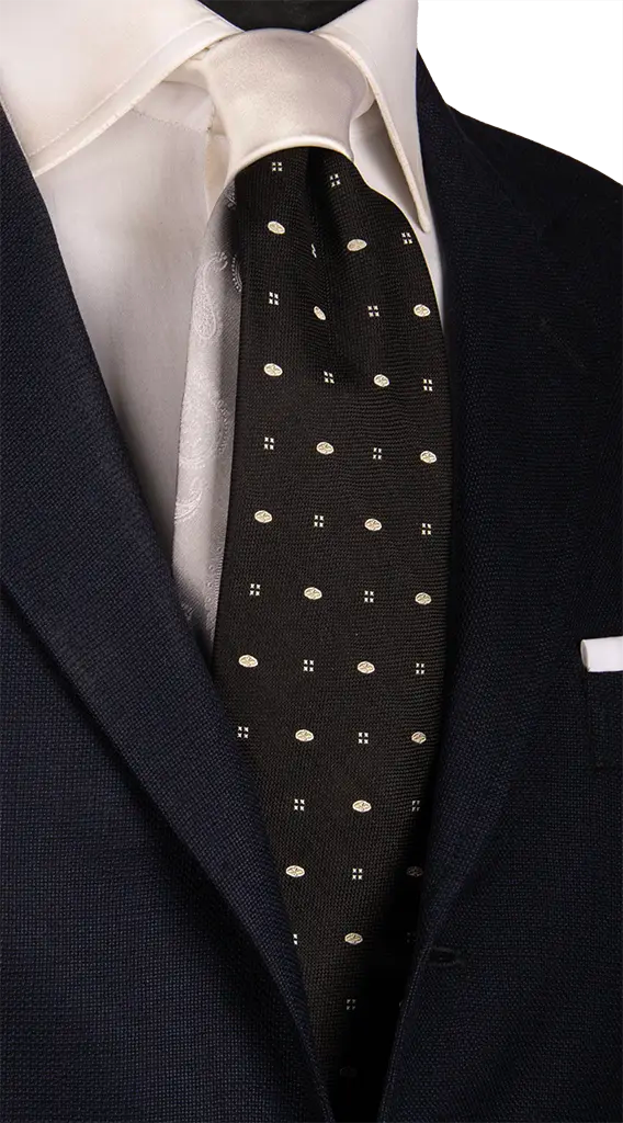 Cravatta Cerimonia Nera Fantasia Color Champagne Nodo in Contrasto Bianco Perla Made in Italy Graffeo Cravatte