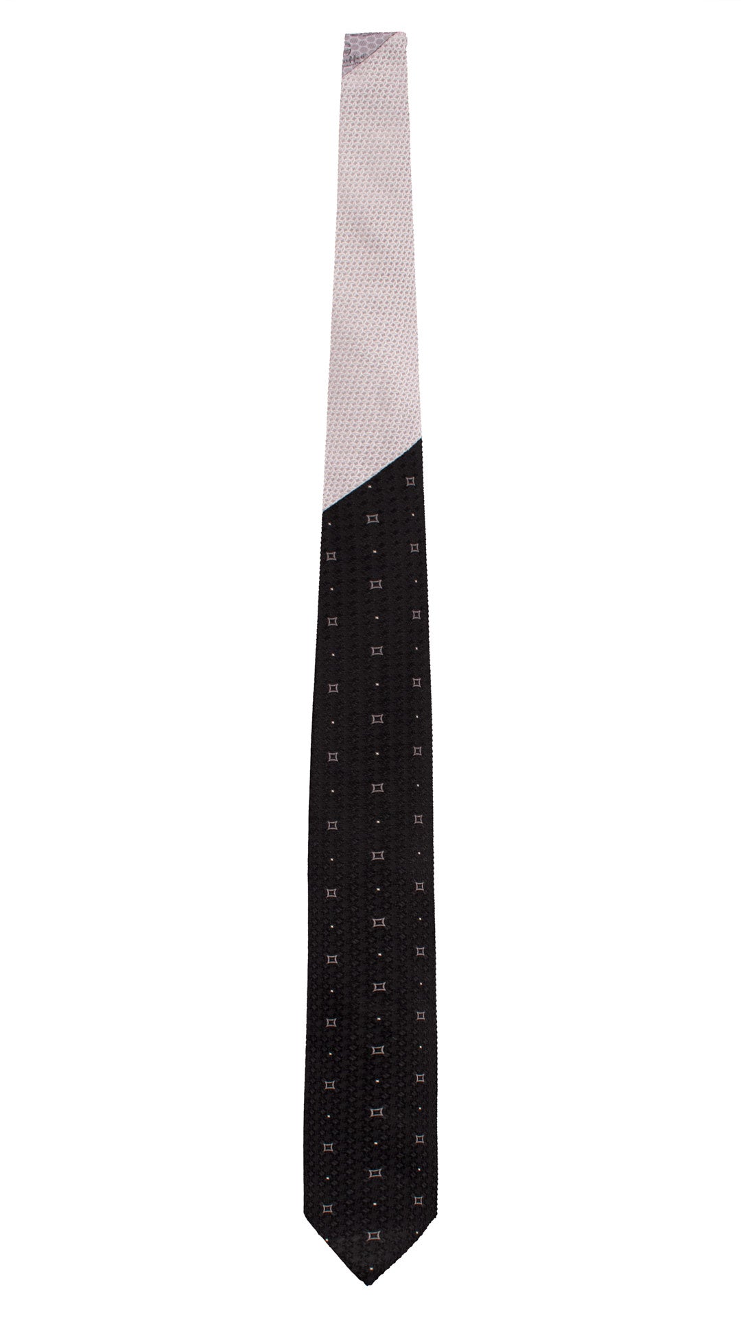 Cravatta Cerimonia di Seta Nera Fantasia Grigio Argento Bianco Nodo in Contrasto Grigio Argento Fantasia Tono su Tono N3346 Graffeo Cravatte Made in Italy Intera