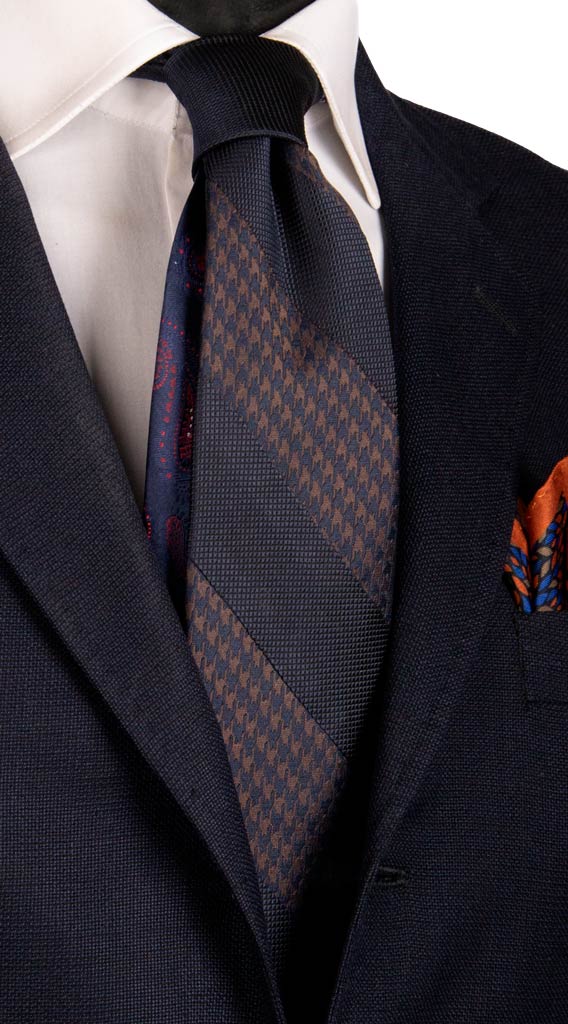 Cravatta Mosaico Patchwork Regimental di Seta Blu Marrone Fantasia Made in Italy Graffeo Cravatte