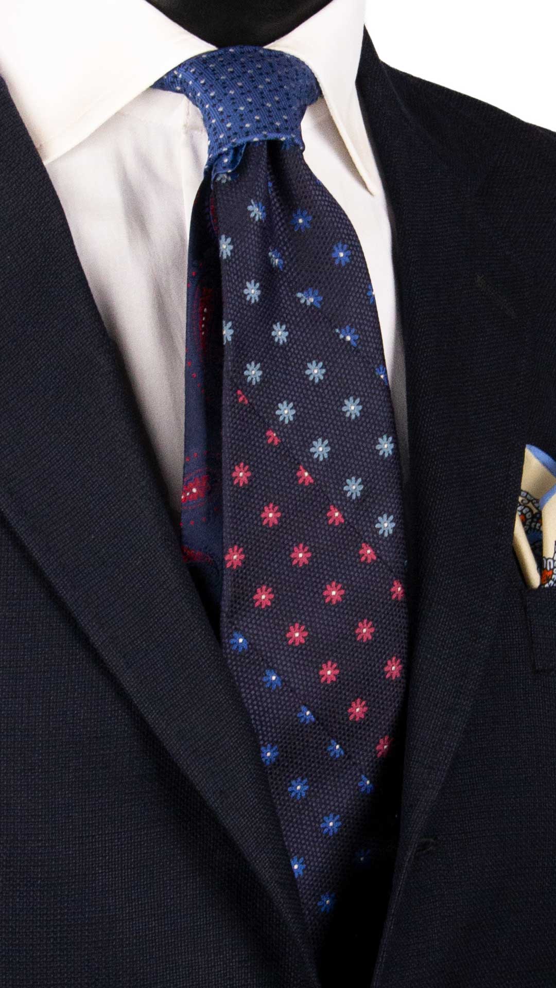 Cravatta-Mosaico-Patchwork-Regimental-di-Seta-Blu-a-Fiori-Multicolor- PM905