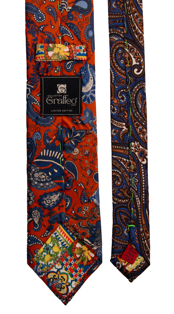 Cravatta Mosaico Patchwork Stampa di Seta Arancione Paisley Multicolor PM718 Graffeo Cravatte Made in Italy Pala