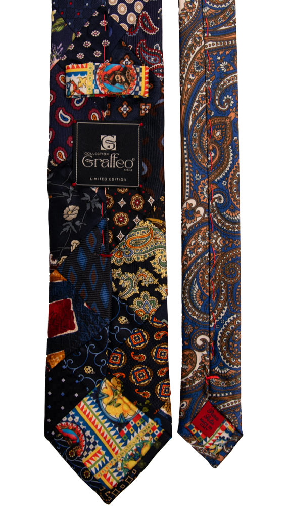 Cravatta Mosaico Patchwork Stampa di Seta Blu Fantasia Multicolor PM735 Graffeo Cravatte Made in Italy Pala