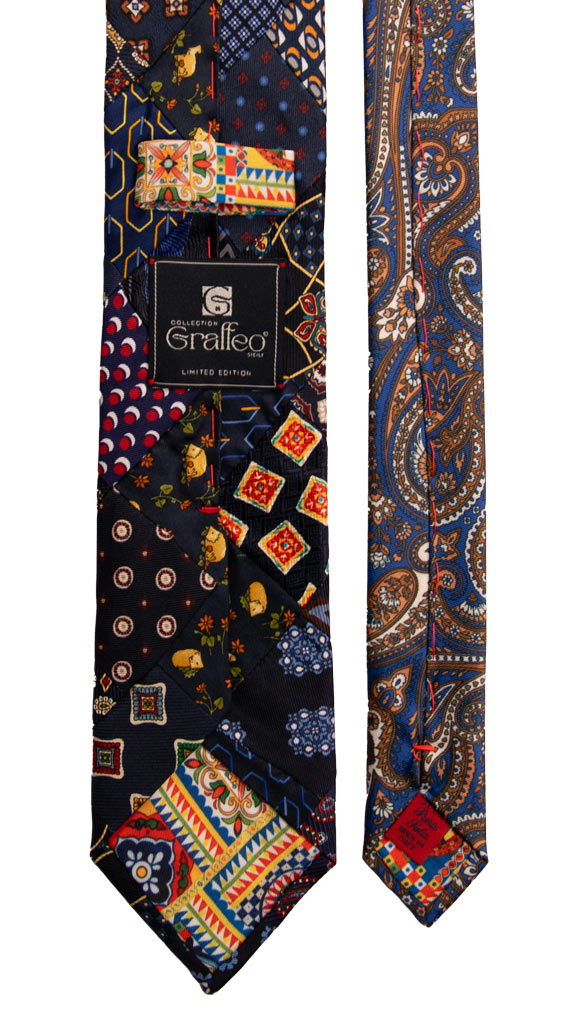 Cravatta Mosaico Patchwork Stampa di Seta Blu Fantasia Multicolor PM742 Graffeo Cravatte Made in Italy Pala