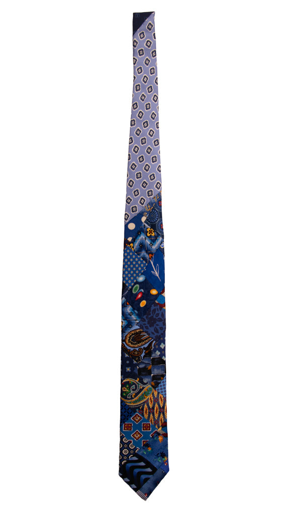 Cravatta Mosaico Patchwork Stampa di Seta Bluette Celeste Fantasia Multicolor PM729 Graffeo Cravatte Made in Italy Intera