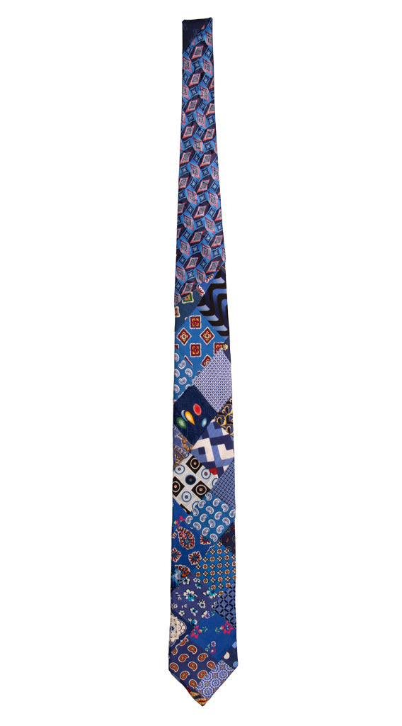 Cravatta Mosaico Patchwork Stampa di Seta Bluette Celeste Fantasia Multicolor PM738 Graffeo Cravatte Made in Italy Intera