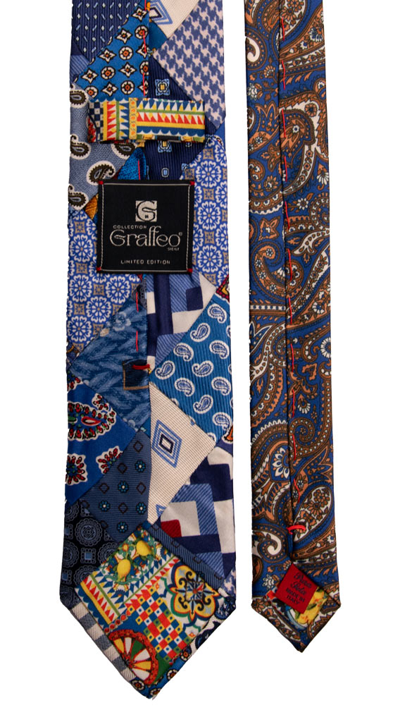 Cravatta Mosaico Patchwork Stampa di Seta Celeste Bluette Fantasia Multicolor PM719 Graffeo Cravatte Made in Italy Pala