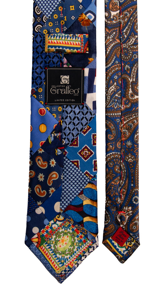 Cravatta Mosaico Patchwork Stampa di Seta Celeste Bluette Fantasia Multicolor PM737 Graffeo Cravatte Made in Italy Pala