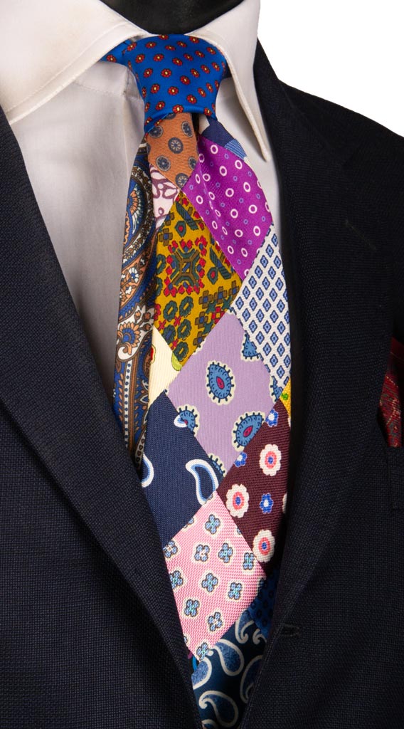 Cravatta Mosaico Patchwork Stampa di Seta Fantasia Multicolor PM753 Graffeo Cravatte Made in Italy