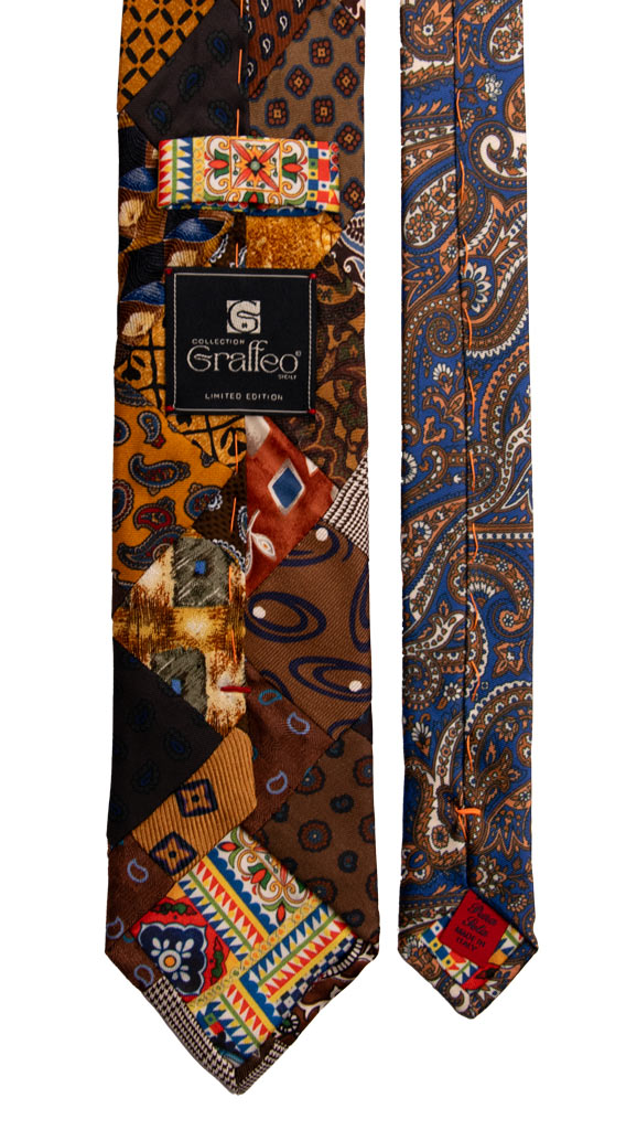 Cravatta Mosaico Patchwork Stampa di Seta Marrone Fantasia Multicolor PM736 Graffeo Cravatte Made in Italy Pala