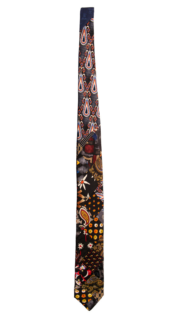 Cravatta Mosaico Patchwork Stampa di Seta Nera Fantasia Multicolor PM727