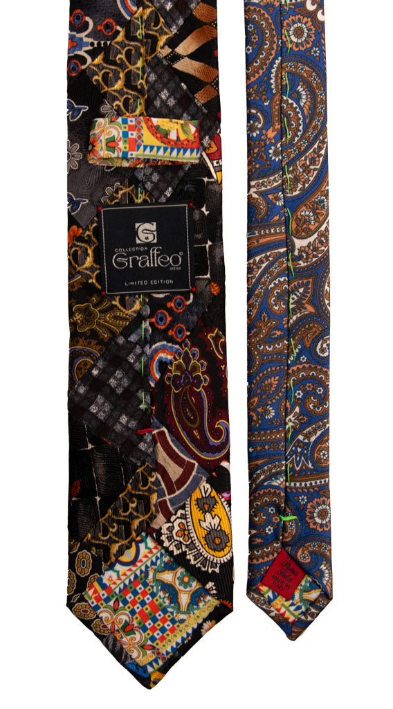 Cravatta Mosaico Patchwork Stampa di Seta Nera Fantasia Multicolor PM727