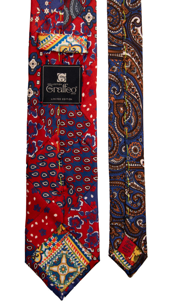 Man Mosaic Patchwork Red Deep Blue Printed Silk Tie Multicolor Pattern PM728