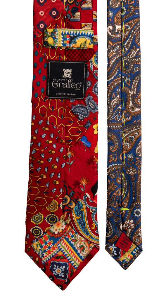 Cravatta Mosaico Patchwork Stampa di Seta Rossa Fantasia Multicolor PM698 Graffeo Cravatte Made in Italy Pala
