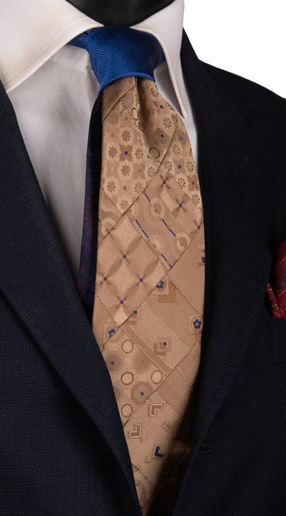 Cravatta Mosaico Patchwork di Seta Beige Fantasia Bluette PM784 Graffeo Cravatte Made in Italy