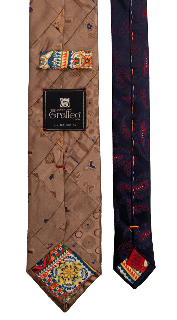 Cravatta Mosaico Patchwork di Seta Beige Fantasia Bluette PM784 Graffeo Cravatte Made in Italy Pala