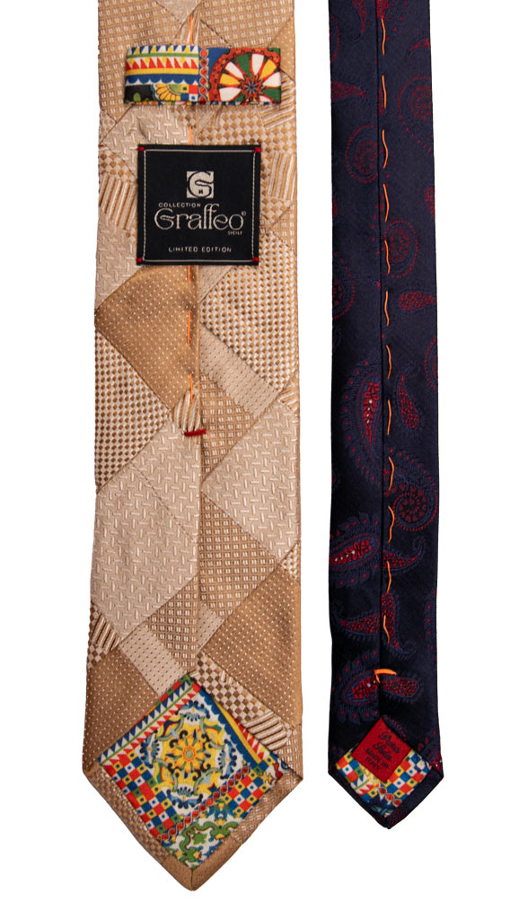 Cravatta Mosaico Patchwork di Seta Beige Fantasia PM787 Graffeo Cravatte Made in Italy Pala