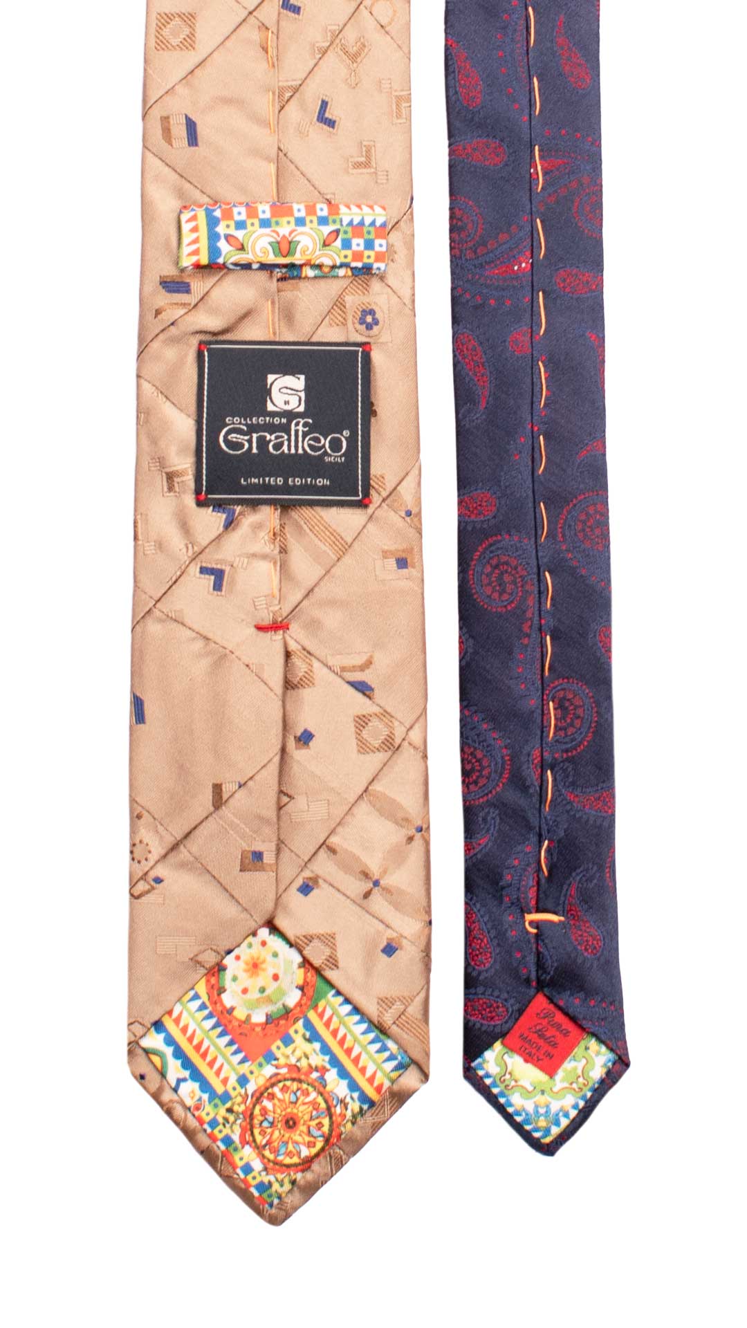 Cravatta-Mosaico-Patchwork-di-Seta-Beige-Scuro-Fantasia-Bluette- PM1026
Pala