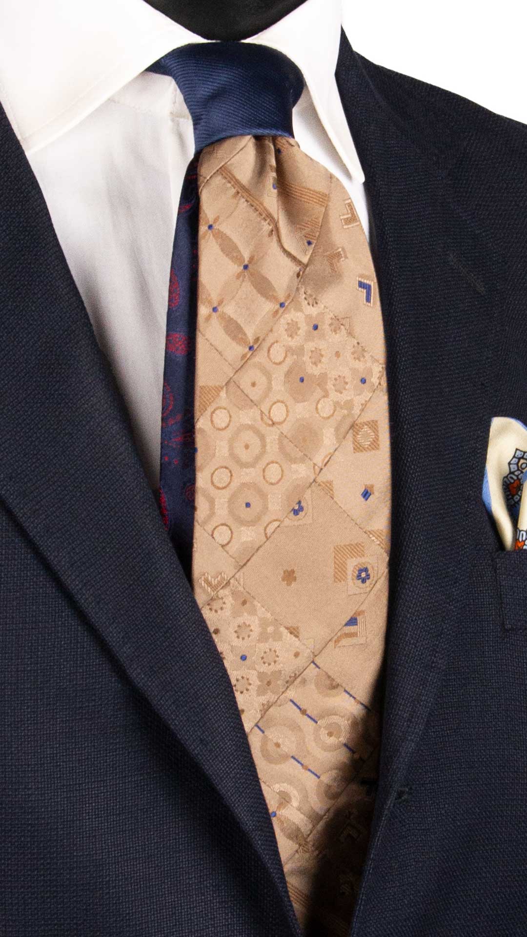 Cravatta-Mosaico-Patchwork-di-Seta-Beige-Scuro-Fantasia-Bluette- PM1026