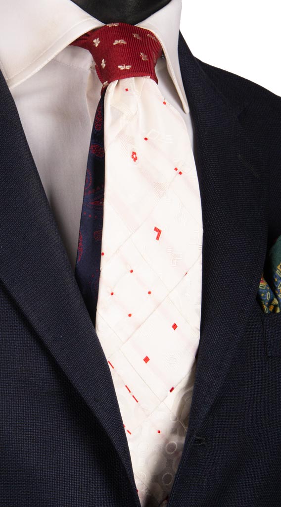 Cravatta Mosaico Patchwork di Seta Bianco Perla Fantasia Rossa PM767 Graffeo Cravatte Made in Italy
