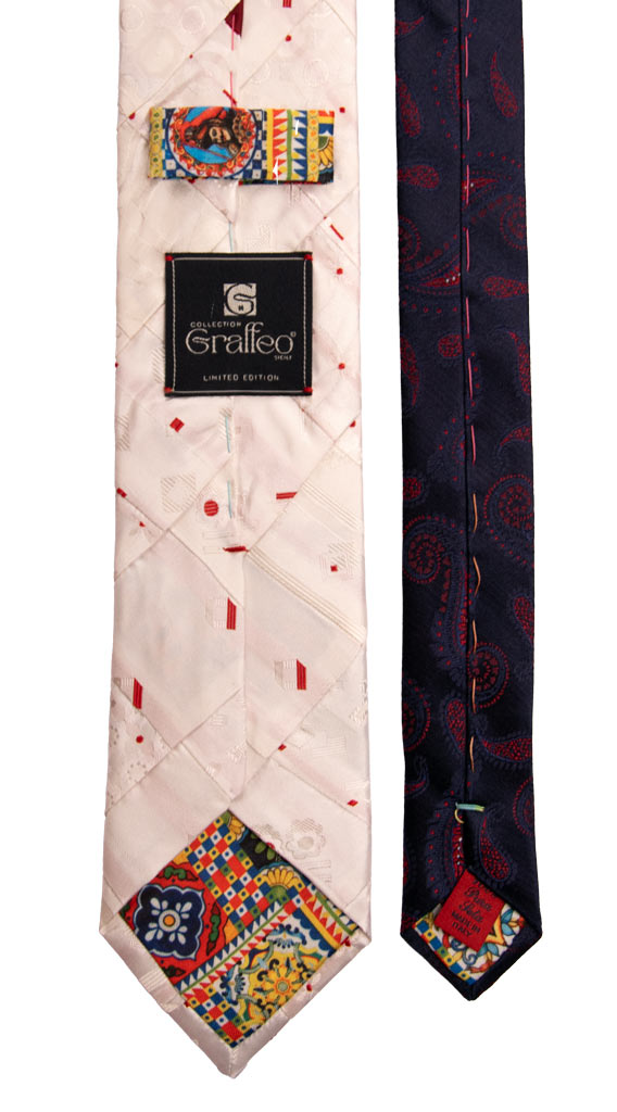 Cravatta Mosaico Patchwork di Seta Bianco Perla Fantasia Rossa PM767 Graffeo Cravatte Made in Italy Pala